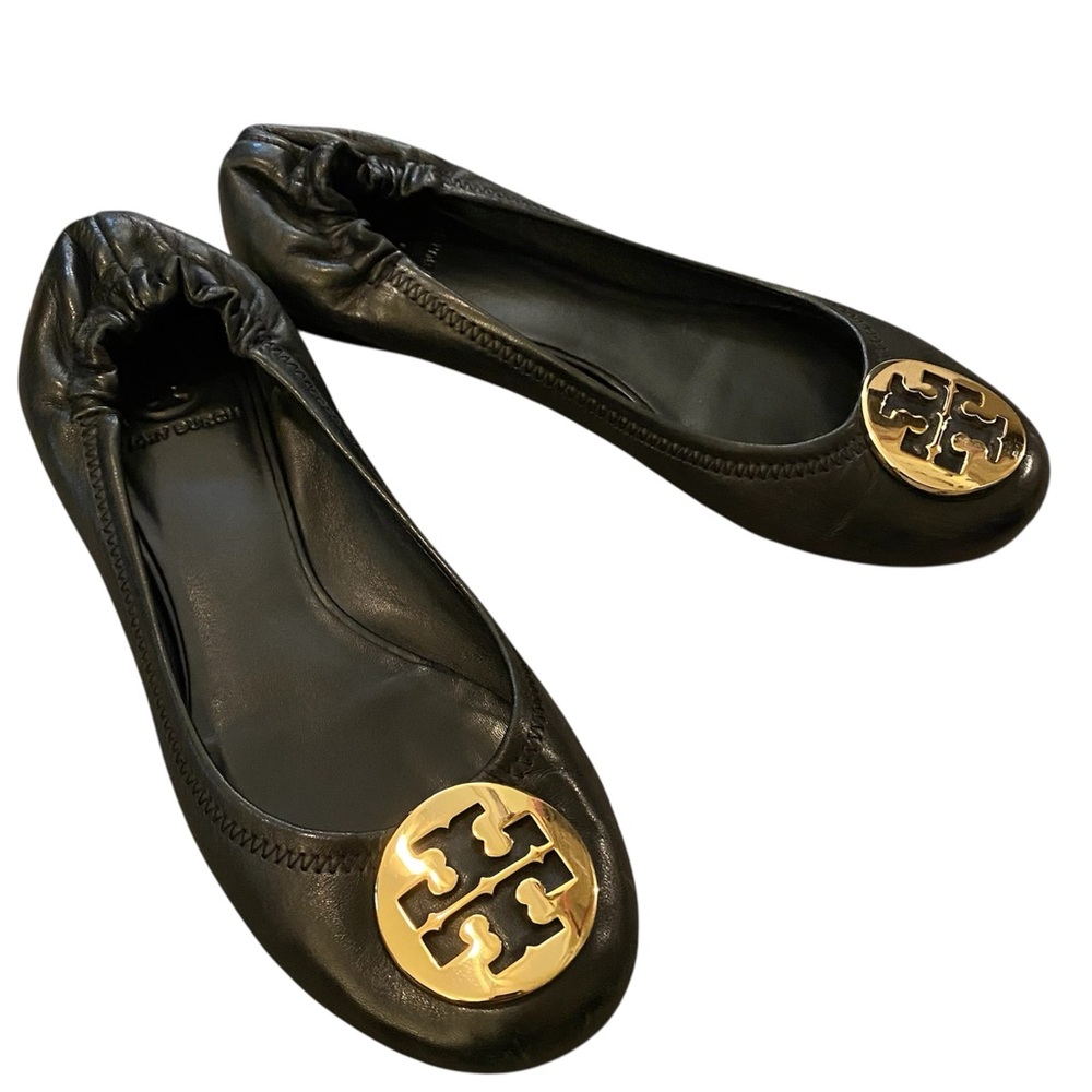Tory Burch Reva Ballet Flat Leather Round Toe Black Gold Coin Emblem 8.5